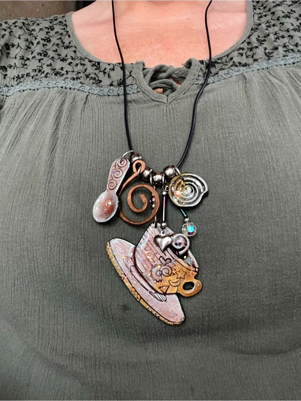 Signed Nanette Mixed Media Sculptural Art Pendants on Leather Cord Necklace